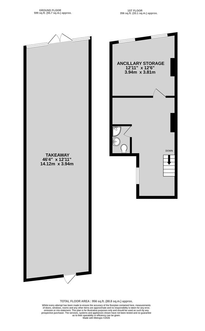 A mid terrace takeaway, of approximately 600 ft², with commercial extraction and additional first floor ancillary storage (of approx. 350 ft² Photo 11
