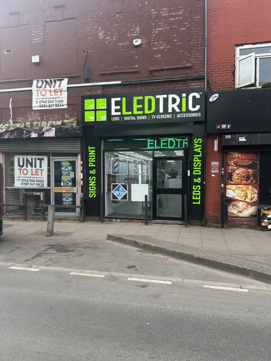 LED lighting, Displays, Digital screen shop located on a busy Bury new road with a potential to convert to other lines