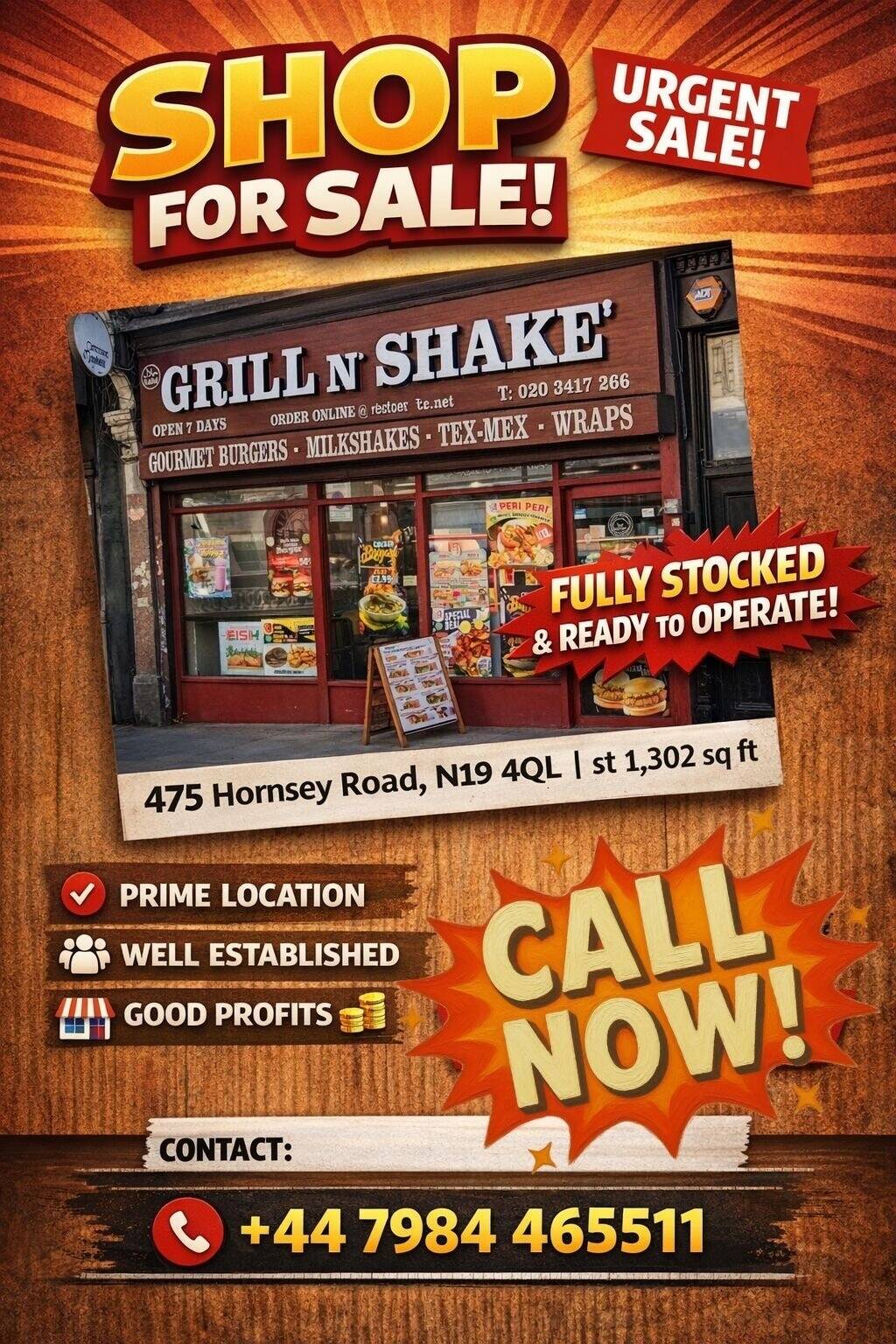 Fast food takeaway shop for sale in Hornsey London grilled meals, shakes