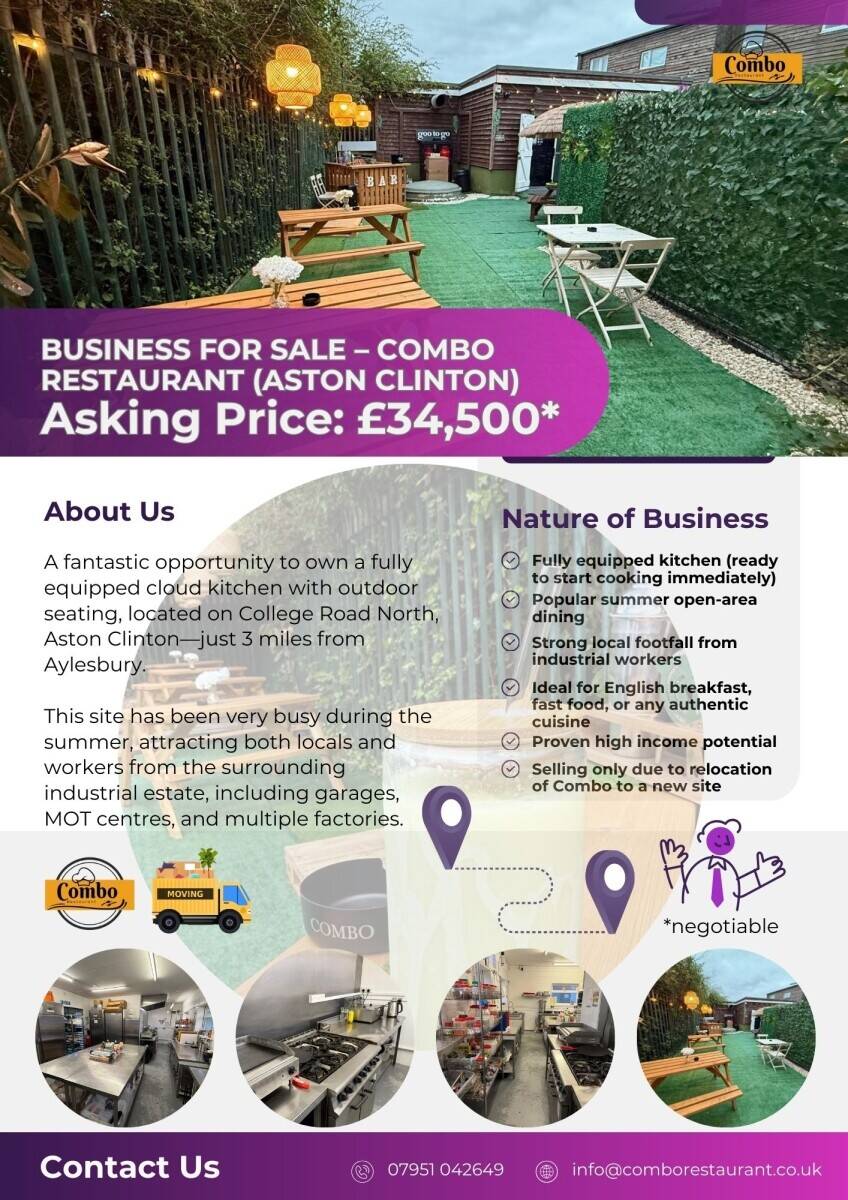 Restaurant & Cloud Kitchen for Sale in Aston Clinton, Near Aylesbury