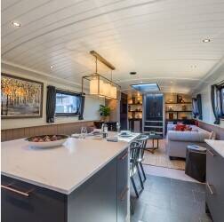 Luxury Wide Beam barge for sale in the exclusive Lime House Marina in London Luxury Wide Beam barge for sale in the exclusive Lime House Marina in London